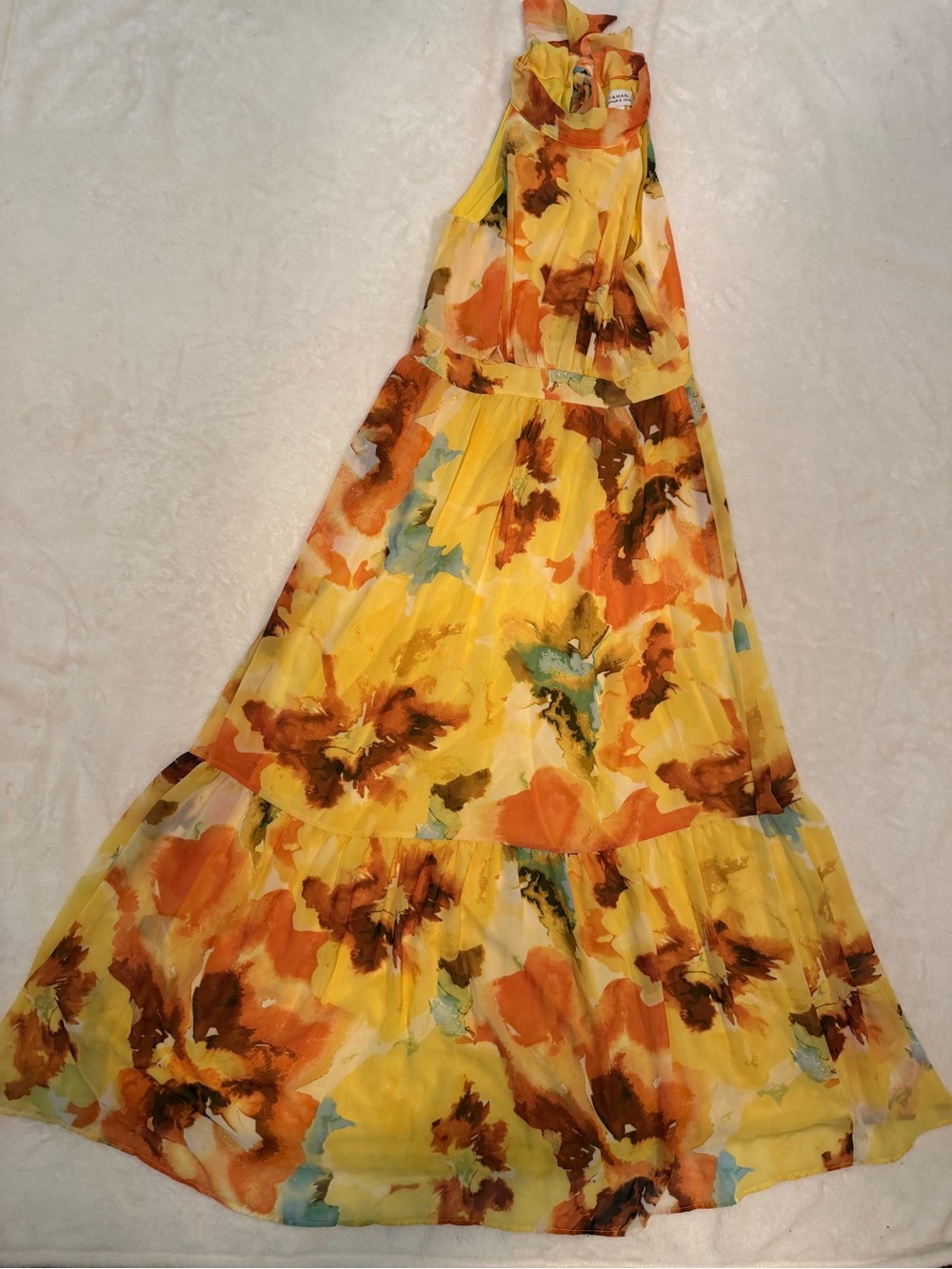 Tahari Yellow Floral Halter-Style Maxi with Orange & Brown Accents